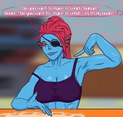 1girls athletic_female big_breasts blue_skin boobs?_wanna_touch_boobs? deltarune eyepatch inviting meme muscular_female nipple_bulge nipples red_hair showing_breasts solo solo_female solo_focus tamerlantl_(author) text tomboy topwear undertale undertale_(series) undyne