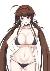 1girls ahoge bangs big_breasts bikini blue_eyes breasts brown_hair collarbone erect_nipples_under_clothes female female_only green_eyes hair_ribbon hairband hand_on_hip heterochromia large_breasts long_hair looking_at_viewer nipple_bulge red_hairband ryoubi_(senran_kagura) senran_kagura side-tie_bikini simple_background smile solo swimsuit tied_hair twintails very_long_hair white_background zatsu