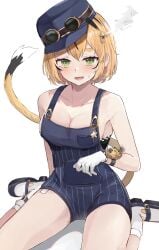 blonde_hair cleavage conductor_hat conductor_uniform dooby3d gloves goggles green_eyes indie_virtual_youtuber jerboa jerboa_humanoid looking_at_viewer open_mouth plain_background shoes shuuzo sideboob sitting socks steam sweaty_body tail virtual_youtuber white_background