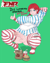 1futa balls blue_eyes bottomless clothed cum cum_on_food erection food futa_only futanari futanyanri hanging_balls intersex large_ass large_balls large_breasts large_penis penis red_hair solo wendy's wendy_thomas wide_hips