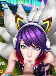 1boy, 1girl, :>=, ahri_(league_of_legends), ai ai_generated animal_ear_headphones, animal_ears, arcade_ahri aurora blue_eyes, breasts, cat_ear_headphones, clothed_female_nude_male, cum, cum_in_mouth, cum_overflow, erection, facial_mark, fake_animal_ears, fellatio, flower, fox_ears, fox_tail, headphones, hetero, large_penis, league_of_legends lips, logo looking_at_viewer, mountain, multiple_tails, nose, oral, outdoors, patreon patreon_username patreon_username, penis, pony_diffusion_xl pov, pov_crotch pov_crotch, purple_hair, red_scarf, rule34_diffusion(artist) scarf, short_hair, sky, slit_pupils, solo_focus, stable_diffusion swept_bangs, tail, thighhighs, uncensored, veiny_penis, video_game video_game_character video_game_franchise video_games watermark whisker_markings,