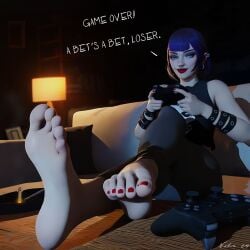 2024 3d 3d_model armband armbands ashtray band_shirt blender blue_eyes blue_hair cigarette couch curled_toes curling_toes dialogue dialogue_bubble ear_piercing earrings english english_text eyebrows eyelashes eyeshadow feet feet_on_table feet_up female foot_fetish foot_focus gamer_girl gaming holding_object lamp legs_up light-skinned_female lipstick looking_at_viewer nibeya_(nibs3d) nibs3d nose_piercing nose_ring oc original original_character painted_nails painted_toenails pale_skin pale_skinned_female playstation playstation_controller presenting_feet punk punk_girl punk_hair red_lips red_lipstick red_nail_polish red_nails red_toenails shelf sitting sitting_down sitting_on_couch skinny_girl smirking smirking_at_viewer soles solo_female solo_focus table text toes watermark