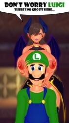 1boy 1girls 3d big_breasts blue_eyes breasts brown_hair clothing dialogue duo facial_hair female green_hat green_shirt head_between_breasts horns humanoid kaoskatsu large_breasts long_nails luigi male mario_(series) moustache nails nintendo nipples oc open_mouth purple_lipstick super_mario_bros. text voluptuous voluptuous_female wings