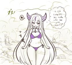 1girls bikini breasts dialogue embarrassed english_text fart gas_cloud gastanker heart heart_symbol hololive horns hyper_fart hyper_farting japanese_text knocked_out la+_darknesss pout purple_bikini purple_hair sketch small_breasts sound_effects text thinking unconscious white_hair wide_hips