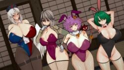 3d 4girls areolae big_breasts breasts breasts_bigger_than_head brown_eyes bunny_ears bunnysuit clothed clothed_female curvy curvy_figure eirin_yagokoro female female_only goddess gray_hair green_eyes green_hair huge_breasts nurse pink_eyes pink_hair raidercwar ruukoto sagume_kishin satori_komeiji third_eye touhou visible_areolae white_hair wings yokai youkai