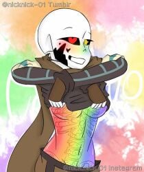 1girls 2019 breasts clothing clothing_lift digital_media_(artwork) ectobody ectobreasts female female_sans flashing flashing_breasts heart heart-shaped_pupils ink_sans ink_sans_(fan_character) sans sans_au skeleton smile solo solo_female undertale undertale_(series) undertale_au undertale_fanfiction undressing visible_skeleton watermark