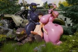 1boy 3d 3d_(artwork) 3girls 3girls1boy abs arm_around_partner arm_around_waist armor assjob big_breasts bodysuit buttjob child_bearing_hips clothed_female_nude_male dick_on_ass erection female_soldier female_spartan_(halo) grabbing_ass grass groping guidugalle guimontag halo_(series) harem head_between_breasts holding_partner hourglass_figure huge_ass huge_breasts huge_cock large_cock larger_female larger_female_smaller_male naked_male nude_male outdoors penis practically_nude sandwiched science_fiction size_difference smaller_male smaller_male_larger_female soldier spartan_(halo) thick thick_thighs thighs tight_clothing twitter_username voluptuous voluptuous_female warthog_(halo) wide_hips