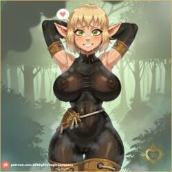 ai_generated allmightyeagle_(ame) arms_behind_head bare_shoulders belt big_ass big_breasts black_bodysuit blonde_female blonde_hair blonde_hair blush bodysuit collar cute day elbow_gloves elf elf_ears elf_female embarrassed evangelyne fingerless_gloves forest freckles gloves green_eyes heart huge_breasts leotard patreon pointy_ears pussy_juice pussy_juice_drip saliva see-through see-through_clothing see-through_shirt sidelocks smile smiling standing sweating thick_ass thick_thighs thigh_boots wakfu wet wet_body wet_clothes wet_clothing wet_skin