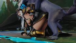 1boy 1girls 3d animated ashe_(league_of_legends) bestiality canine canine_penis clothed_sex feral greater_murk_wolf league_of_legends male/female murk_wolf no_sound primer_(artist) riot_games source_filmmaker source_request summoner's_rift video wolf zoophilia