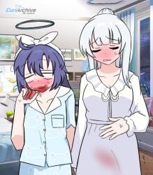 2girls berman_kurama blood blood_on_clothes blood_on_face blue_archive blue_hair blush commentary_request derivative_work full-face_blush halo height_difference implied_after_cunnilingus implied_cunnilingus implied_yuri long_hair menstruation messy_hair multiple_girls noa_(blue_archive) noa_(pajamas)_(blue_archive) pajamas ponytail spanish_commentary white_hair yuri yuuka_(blue_archive) yuuka_(pajamas)_(blue_archive)