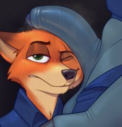 anthro balls bovid bovine canid canine cape_buffalo chief_bogo chipchell clothed clothing disney dripping duo fox fur genitals half-erect male male/male mammal nick_wilde one_eye_closed orange_body orange_fur penis red_fox simple_background true_fox zootopia