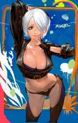 1girls angel_(kof) big_breasts blue_eyes busty female gloves jacket king_of_fighters legwear light-skinned_female light_skin looking_at_viewer one_eye_obstructed short_hair smile standing thong voluptuous voluptuous_female white_hair