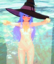 1girls anus beach blue_eyes blue_hair choker day elaina_(majo_no_tabitabi) female fosuhakai holding_object long_hair looking_at_viewer magic magic_hat magical_girl majo_no_tabitabi nude nude_female open_eyes open_mouth open_smile sea seaside small_breasts solo solo_female solo_focus standing transparent water