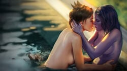 2girls absurdres areolae artist_name bare_arms bathing blizzard_entertainment blurry blurry_background breasts brown_hair caress closed_eyes closed_mouth day depth_of_field eyeshadow female female_only firolian from_side half-closed_eyes hand_on_another's_head highres human imminent_kiss large_breasts leaning_forward lipstick long_hair looking_at_another makeup medium_breasts multiple_girls nail_polish navel nipples nude open_mouth outdoors overwatch parted_lips partially_submerged pool profile purple_hair purple_lips purple_skin short_hair side_view sideboob smile strapless sunlight tracer upper_body waist_grab water wet_hair widowmaker yuri