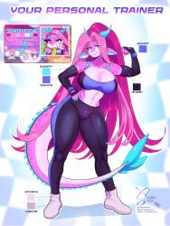 1futa abstract_background anthro ass big_ass big_breasts big_butt big_ears clothing dragon dragon_girl fitness fur furry futanari gloves gym gym_clothes gym_uniform gynomorph heterochromia horns horns_blue intersex pink_body pink_eyes pink_hair ponytail reference_image reference_sheet sagitta(sagittascuti) sagittascuti sneakers solo sports_bra text text_bubble trainer yoga yoga_pants