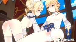 2girls after_sex afterglow alpha_08 ass barbara_(genshin_impact) blonde_female blonde_hair blue_eyes blue_gloves breasts cum_dripping cum_dripping_out_of_pussy cum_in_pussy cum_inside cum_leaking cum_leaking_out_of_pussy fat_ass genshin_impact gloves hand_on_pussy jean_gunnhildr naked naked_female sisters window