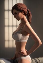 1girls ai_generated brown_hair emerie_karr female female_only ponytail side_view star_wars the_bad_batch white_bra white_panties white_underwear