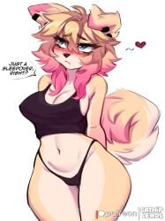 anakoluth anthro belly belly_button big_breasts big_thighs blonde_female blonde_hair blue_eyes blush cameltoe catniplewds cleavage crop_top dog_girl furry furry_female hands_behind_back heart horny panties piercing piercings pink_hair shiba_inu tail teasing text_bubble thighs