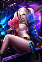 1boy 1girls alcohol artist_name ass baseball_bat batman_(series) belly belt black_legwear black_pantyhose blonde blonde_hair blue_eyes blue_hair boots bottle bracelet breasts choker cleavage covered_breasts dc dc_comics dc_extended_universe denim denim_shorts drink english english_text facepaint facial_mark female fingerless_gloves fishnets gloves harley_quinn high_heel_boots high_heels high_resolution hips holding_weapon hotpants human jacket jewelry large_breasts legs legwear lips lipstick long_hair makeup male multicolored multicolored_hair nail_polish navel pantyhose pink_hair red_gloves red_lips red_lipstick shirt shoes short_shorts shorts signature spiked_bracelet spikes suicide_squad supervillain tagme thighs tied_hair twintails underboob very_high_resolution villain weapon