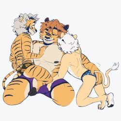 anthro anthro_on_anthro arvo_(dawn_chorus) ass ass_grab barely_clothed colored dawn_chorus feline fur furry_only grabbing grabbing_ass hand_on_butt lake_(dawn_chorus) lion male male/male male/male/male male_focus male_only markings orange_fur salivahero size_difference star_wars tagme tiger torulf_(dawn_chorus) twink underwear white_background white_hair