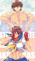 abs bath biceps breasts brown_eyes brown_hair brown_skin cleavage collarbone dress extreme_muscles female female_only fingerless_gloves gloves highres huge_breasts jin-jin muscle muscles muscular muscular_female navel perky_breasts pose sakura_kasugano short_hair simple_background standing street_fighter sweat swimsuit thick thick_thighs thighs wet