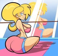 1girls 2019 big_ass big_breasts blonde_hair blue_eyes cute female looking_at_viewer marina_williams mirror oboithisisfunky original_character pink_shorts pink_tank_top ponytail shorts solo sweat sweatdrop tagme tank_top tied_hair