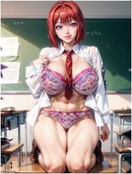 1girls ai_generated bewitching_thighs bible_black big_breasts bra busty classroom cleavage desk fanart female high_resolution highres kneeling lace large_breasts panties purple_eyes red_hair school_girl school_uniform schoolgirl schoolgirl_uniform seductive short_hair smile smiley_face stable_diffusion takashiro_hiroko thighs undressing yametastudio young young_female younger_female