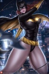 1girl barbara_gordon batgirl biting_lip minnhsg muscular_female night thick_legs thick_thighs