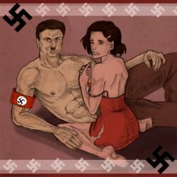 1boy 1girls abs adolf_hitler anne_frank big_ass big_breasts big_butt evil_grin evil_smile female german half-dressed heterosexual history laying looking_at_viewer male male/female moustache muscular muscular_male nazi nazi_armband nervous pink_background red_skirt ripped_clothing ripped_skirt sitting smile smiling smiling_at_viewer swastika swastika_armband teeth teeth_showing world_war_2 ww2