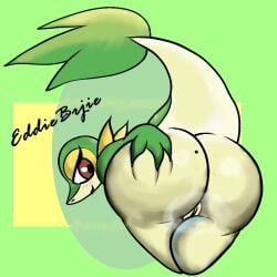 1:1 absurd_res ass big_butt eddiebrije female feral generation_5_pokemon genitals hi_res looking_at_viewer nintendo not_furry nude pokemon pokemon_(species) pussy simple_background smile snivy solo tail wide_hips