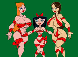 3girls aged_up areola_slip bare_shoulders big_breasts black_eyes black_hair bow brown_hair busty caglioro3666 candace_flynn christmas cleavage curvy disney erect_nipples eyelashes eyeshadow female female_only fireside_girls front_view group hair_ornament hairbow hand_on_ass hands_on_ass hourglass_figure human isabella_garcia-shapiro lipstick long_hair looking_at_viewer makeup medium_breasts multiple_females multiple_girls nipple_bulge nipples older open_mouth orange_hair phineas_and_ferb pose posing red_lipstick simple_background standing teenage tied_hair vanessa_doofenshmirtz very_long_hair voluptuous wide_hips wrapped yuri