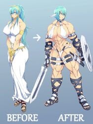 abs before_and_after biceps blue_eyes blue_hair breasts brown_skin cleavage dress extreme_muscles female female_only fingerless_gloves gloves highres huge_breasts jin-jin legs long_hair looking_at_viewer muscle muscles muscular muscular_female muscular_legs navel original perky_breasts pose shield short_hair simple_background standing swimsuit sword thick thick_thighs thighs toes