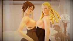 2girls 3d adnarimydeth athletic athletic_female blonde_hair brown_hair busty capcom drill_hair female female_focus female_only hourglass_figure karin_kanzuki long_hair sakura_kasugano short_hair street_fighter street_fighter_v tagme wide_hips