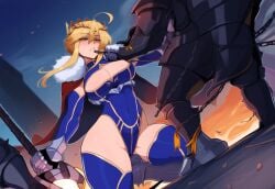 1boy ai_generated armor artoria_pendragon artoria_pendragon_(lancer) big_breasts castle defeated fate/grand_order fate_(series) female kneeling mullon novelai thick_thighs