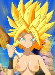 1girls andersonicth aura big_breasts breasts caulifla dragon_ball dragon_ball_super female food meat nipples nude pointy_chin saiyan solo super_saiyan