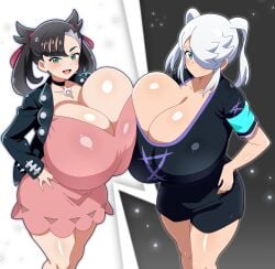 2girls big_breasts black_hair clothed crossover female female_only green_eyes hair_over_one_eye hair_ribbon hand_on_hip inazuma_eleven inazuma_eleven_orion_no_kokuin light-skinned_female light_skin marnie_(pokemon) pokemon pokemon_ss ribbon russian short_hair snowpowder198 soccer_uniform sportswear symmetrical_docking twintails uniform white_hair yurika_beor