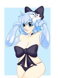 amputee black_panties blue_hair bow_bra choker crush_crush digital_media_(artwork) fanart flower_in_hair grace_(crush_crush) huge_breasts lips no_arms pinup prosthetic prosthetic_arm prosthetic_limb spearmph