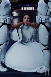 1girls 2boys blowjob carrie_fisher princess_leia_organa sfm_hood star_wars stormtrooper