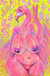 2024 anthro avian beak big_breasts bird breasts eyelashes feathers female flamingo front_view genitals hi_res ikiki long_eyelashes long_neck navel nipples non-mammal_breasts non-mammal_nipples nude nude_female pink_body pink_feathers portrait purple_nipples pussy sagging_breasts solo three-quarter_portrait wide_hips