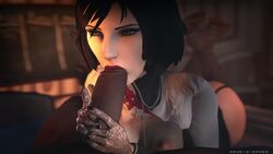 1boy 1girls 3d :>= angry_dragon animated areolae bioshock bioshock_infinite breasts dark-skinned_male dark_skin elizabeth_comstock erection fellatio female garter_straps interracial lingerie male nipples no_sound on_stomach oral penis pov source_filmmaker spoks straight video