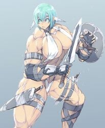 abs biceps blue_eyes blue_hair breasts brown_skin cleavage dress extreme_muscles female female_only fingerless_gloves gloves highres huge_breasts jin-jin legs looking_at_viewer muscle muscles muscular muscular_female muscular_legs navel original perky_breasts pose shield short_hair simple_background standing swimsuit sword thick thick_thighs thighs