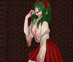 1girls artist_name bare_shoulders blood blood_on_body blood_on_clothes blood_on_face blood_on_hands blue_eyes bow breasts character_name collarbone eyeball eyes_visible_through_hair female green_hair gumi guro hair_over_eyes hairbow hakama hakama_skirt highres holding holding_eyeball japanese_clothes kimono looking_at_viewer mai_shishikusa mammoney125 masa_works_design medium_hair nipples oni_to_kitsune_no_hanashi open_clothes open_kimono partially_nude partially_shaded_face red_bow red_eyes red_hakama sanpaku signature skirt solo teeth upper_teeth upper_teeth_only vocaloid wide_sleeves