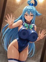 0kw3ird aqua_(konosuba) aqua_eyes aqua_hair blue_eyes blue_hair breasts_on_glass copyright_request female hair_ornament hair_rings highres huge_ass huge_breasts kono_subarashii_sekai_ni_shukufuku_wo! konosuba large_breasts long_hair one-piece_swimsuit sexually_suggestive showering swimsuit thick_thighs tongue_out very_long_hair wet wet_skin