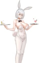 1girls 2d 2d_(artwork) big_breasts blue_eyes breasts bunny_ears bunny_girl date_a_live glass light-skinned_female pantyhose short_hair solo solo_female thighs tobiichi_origami white_hair