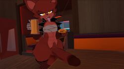 big_balls chest_wraps femboy_hooters fexa_(cryptia) fishnet_armwear fishnet_legwear hairy_crotch holding_beer holding_food horny_femboy huge_cock jacket looking_at_viewer thick_penis thick_thighs vrchat vrchat_avatar