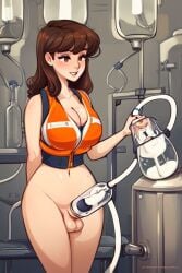 ai_generated brown_hair factory futa_only futanari futasub light_skin milking milking_machine nude penis_milking safety_vest vest working