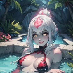 ai_generated bodysuit cute cute_face dark_swimsuit dark_swimwear evelynn pool pool_party pool_party_evelynn smile smiling succubus swimsuit swimwear white_body white_hair yellow_eyes