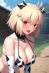 1boy 1girls ai_generated annoyed arcueid_brunestud armpits arms_behind_head big_breasts blonde_hair breasts busty collar cow_costume cow_print cow_print_bikini day facing_viewer fate/grand_order fate_(series) female full_body horns large_breasts looking_at_viewer male_pov nai_diffusion navel nude outdoors pov red_eyes sexy_armpits short_hair slutty_outfit solo squatting stable_diffusion tsukihime