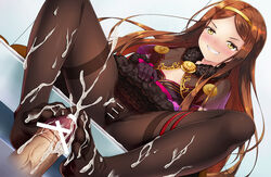 1boy anus bar_censor black_legwear black_skirt blue_background blush bow brown_hair censored chacha_(fate/grand_order) cum cum_on_clothes cum_on_feet dutch_angle ejaculation erection fate/grand_order fate_(series) feet female femdom flat_chest footjob footjob_with_legwear foreshortening fur_collar fur_trim furrowed_eyebrows gloves grin kasaran_(e_kisama) lifted_by_self long_hair nipples no_bra no_panties no_shoes pantyhose parted_lips penis pink_bow purple_gloves pussy sash see-through short_sleeves simple_background sitting skirt skirt_lift smile solo_focus spread_legs teeth thigh_strap thighband_pantyhose toes type-moon upskirt veins veiny_penis yellow_eyes yellow_hairband