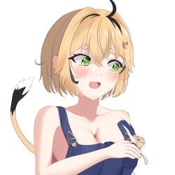 ahoge blonde_hair blush cleavage conductor_uniform dooby3d gloves green_eyes indie_virtual_youtuber jerboa jerboa_humanoid mascot no_bra open_mouth plain_background sideboob strap_slip swirly_eyes tail virtual_youtuber white_background wwwater